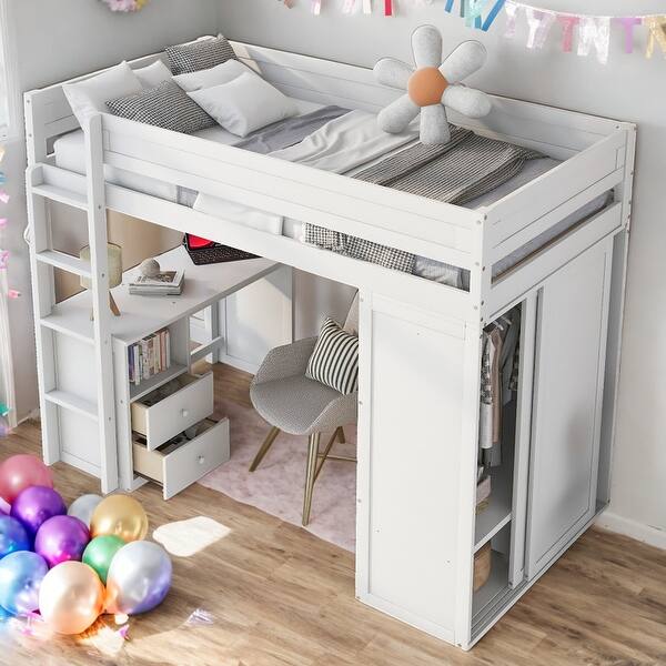 slide 2 of 17, Twin Size Loft Bed With Wardrobes And 2-Drawer Desk With Cabinet for Home