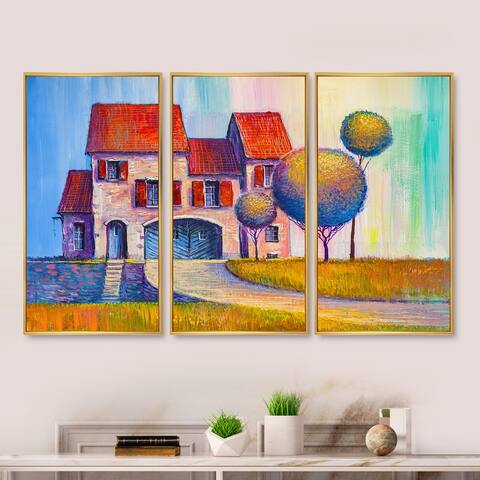 Designart "House With Red Roof In The Village" Modern Framed Art Prints Set of 3 - 4 Colors of Frames