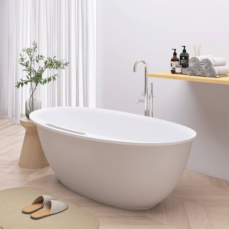 63/67 Inch Stone Resin Solid Surface Freestanding Soaking Bathtub with Center Drain in Matte White