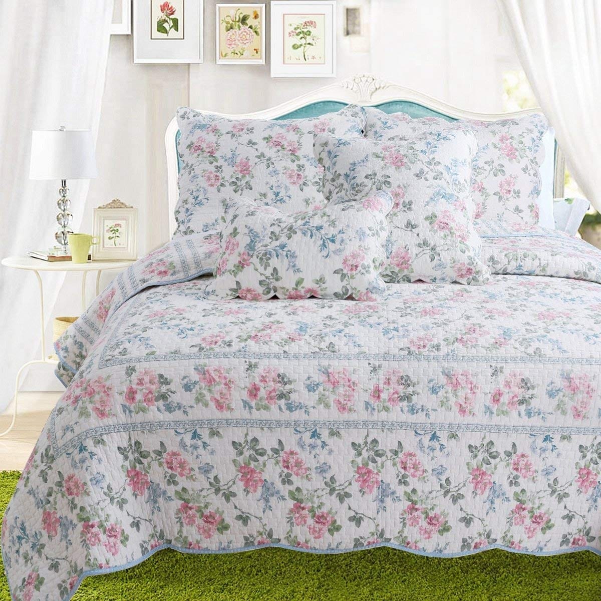 Bedspread Hitchens Floral Reversible 100%Cotton Quilt Set Coverlet 