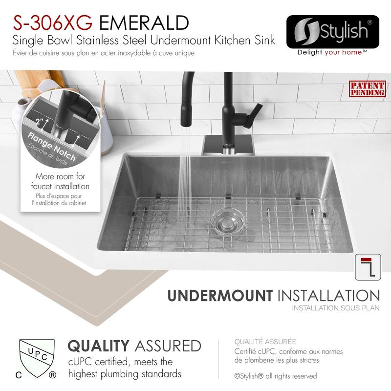 Undermount 28" Single-Bowl Stainless Steel 16G Kitchen Sink S-306XG - 28" x 18" x 10"