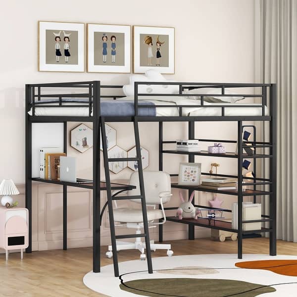 slide 2 of 22, Full Size Metal Loft Bed with 3 Layers of Shelves and Desk, Modern Stylish Metal Frame Loft Bed with Whiteboard Black - Full