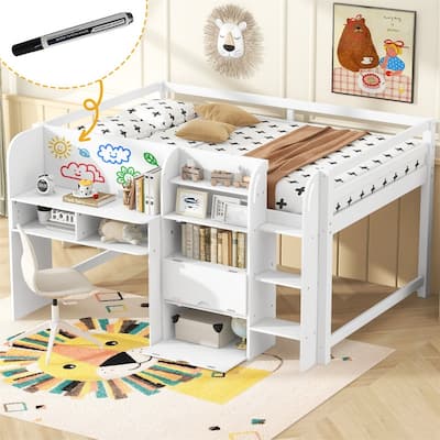 Full Size Low Loft Bed with Bulit-in Desk, Open Bookcase and Storage Cabinets, Wooden Kids Loft Bedframe w/ Graffiti Whiteboard