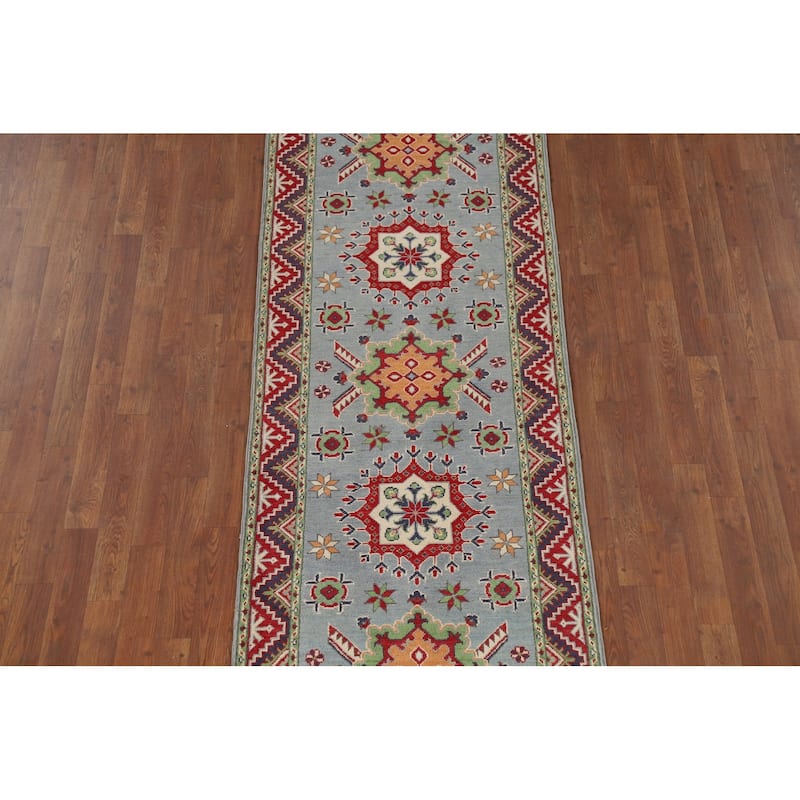 Light Blue Kazak Runner Rug Hand-Knotted Oriental Wool Carpet - 2'9" x 9'7"