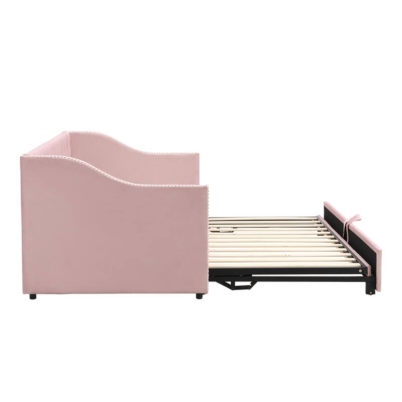 Twin Size Upholstered Daybed with Pop-Up Trundle, Expandable from Twin to King, Velvet with Armrests
