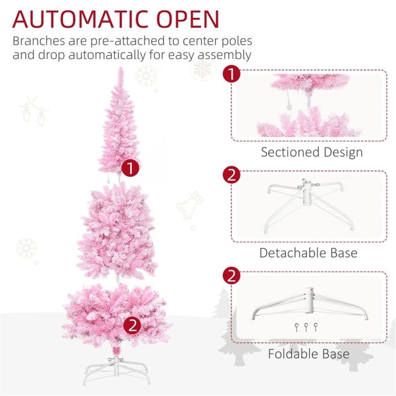 6 Feet Artificial Pencil Christmas Tree with Pink Leaves and Warm White LED Lights for Indoor Holiday Decor - 25.5"Dia x 70.75"H