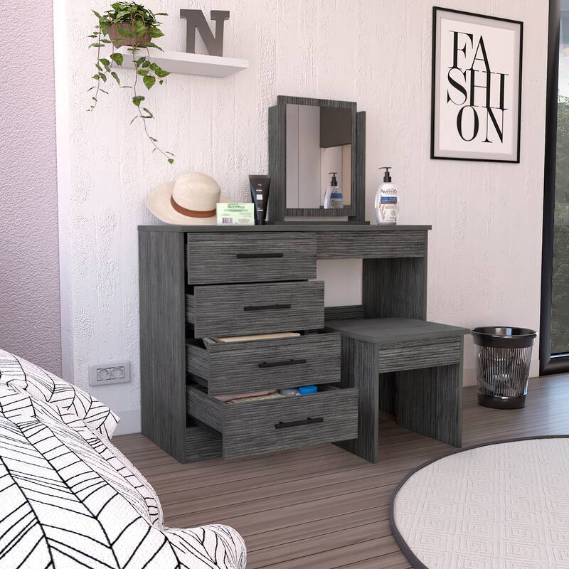 Compact Makeup Dressing Table with Storage Drawers, Mirror, and Stool in Smoke Grey Finish for Modern Bedrooms
