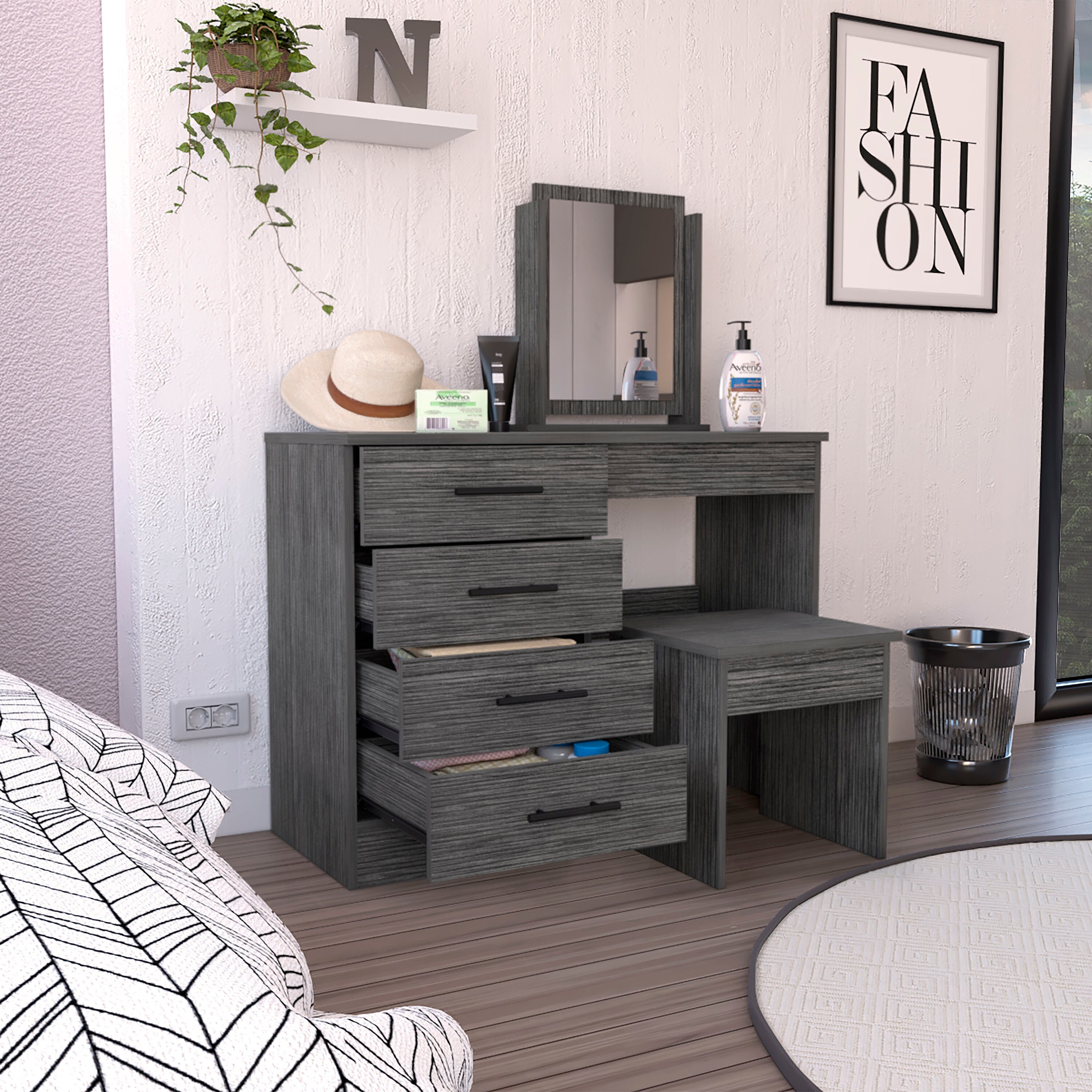 Makeup Dressing Table with Mirror and Stool,4 Drawers,Smokey Oak - Bed Bath  & Beyond - 42468656