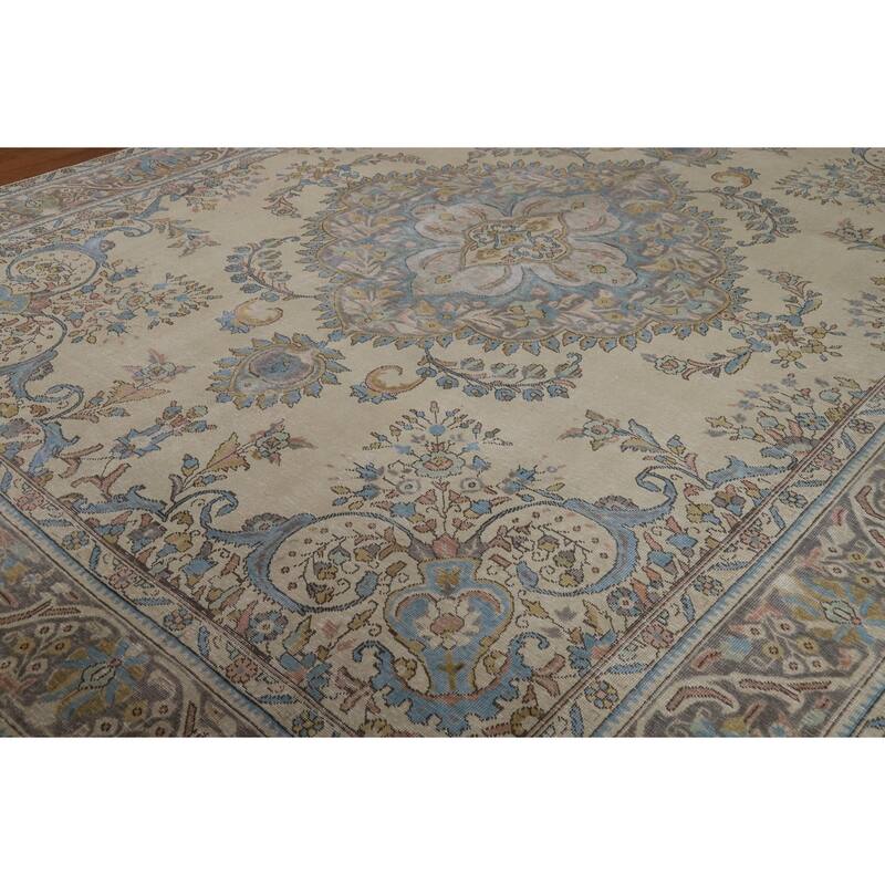 Traditional Tabriz Persian Area Rug Handmade Beige Wool Carpet - 10'0"x 12'5"