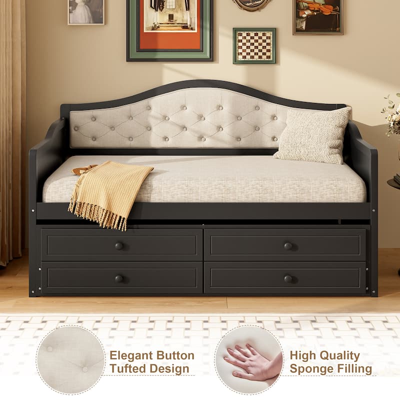 Wooden Frame Day Bed, Twin Size Daybed with Trundle Bed, Upholstered Tufted Button Backrest Sofa Bed with 2 Storage Drawers