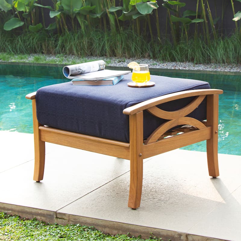 Cambridge Casual Lowell Teak Patio Ottoman with Cushion - Natural Teak/Navy Cushion