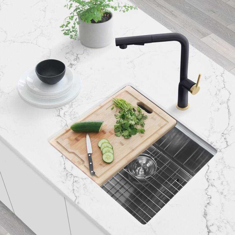 STYLISH 22 inches Workstation Single Bowl Undermount 16 Gauge Stainless Steel Kitchen Sink with Built in Accessories Handmade