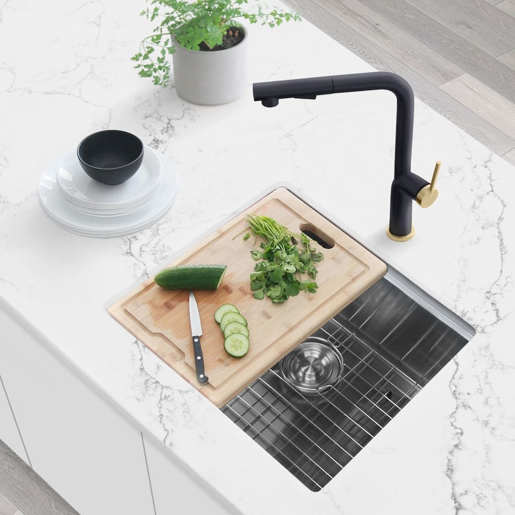 STYLISH 22 inches Workstation Single Bowl Undermount 16 Gauge Stainless Steel Kitchen Sink with Built in Accessories Handmade