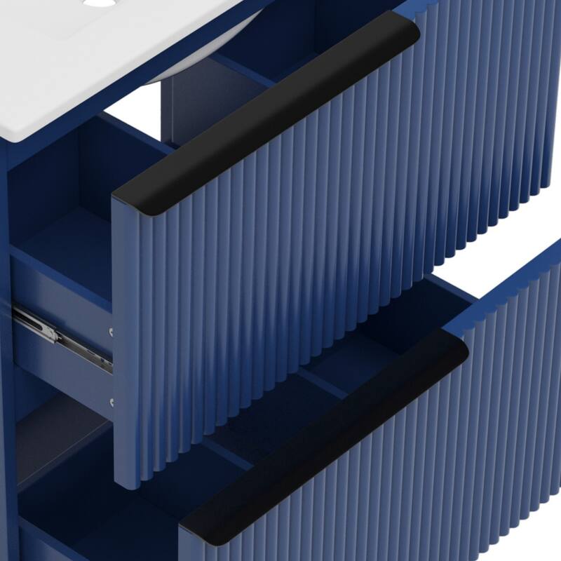 Vertical Grooves Bathroom Cabinet Storage Vanity with Ceramic Sink, Full-Extension Split Drawers and Soft Close Drawer Slides