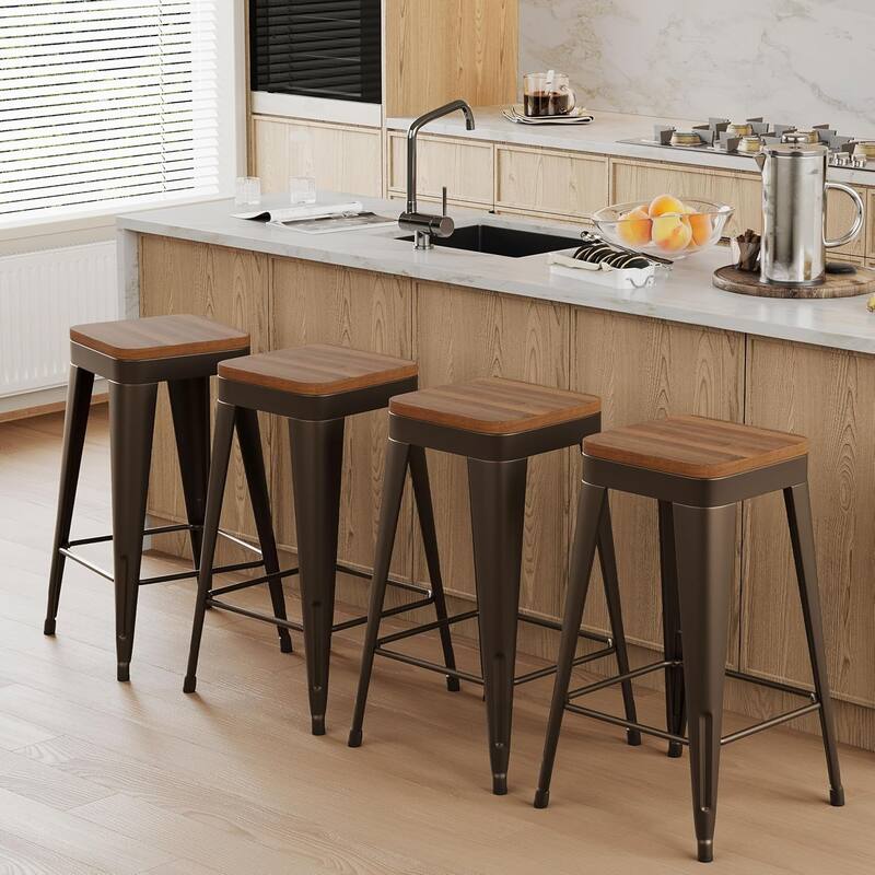 Counter Stools with Metal Frame Backless Counter Height Bar stools 24" Seat Height Kitchen Bar Furniture Stools with Wooden Seat