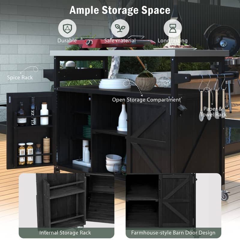 Outdoor Kitchen Island, Rolling Bar Cart & Storage Cabinet with Stainless Steel Top