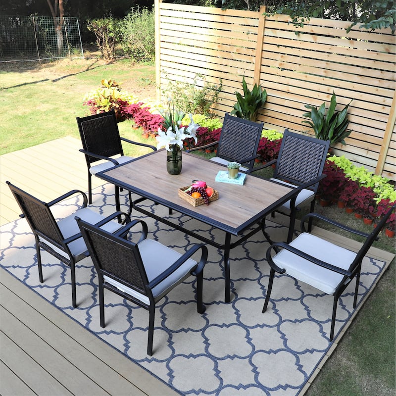 7 Piece Patio Dining Set, Outdoor Acacia Wood Furniture Set, Extendable Rectangular Table And 6 Foldable Reclining Chairs W/Removeable Cushion, FSC