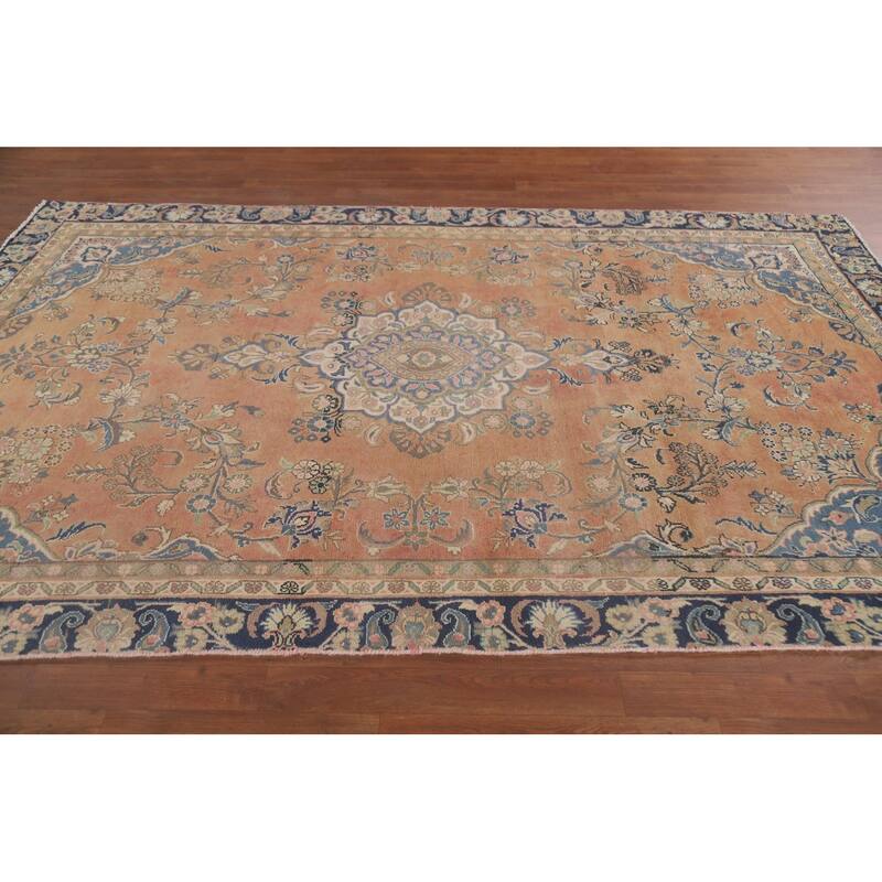 Hand Knotted Oriental 100% Wool Carpet Traditional Floral Oranges & Rust Mashad Area Rug - 9' 1'' X 5' 10''
