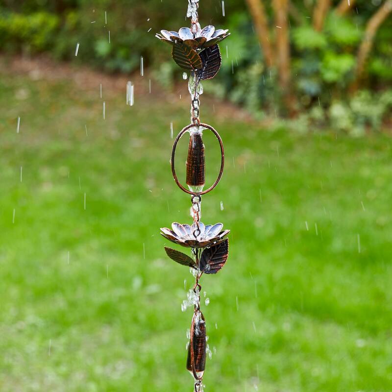 Glitzhome 102"L Antique Bronze Rain Chain with 20-Piece Lotus Flowers & Bells