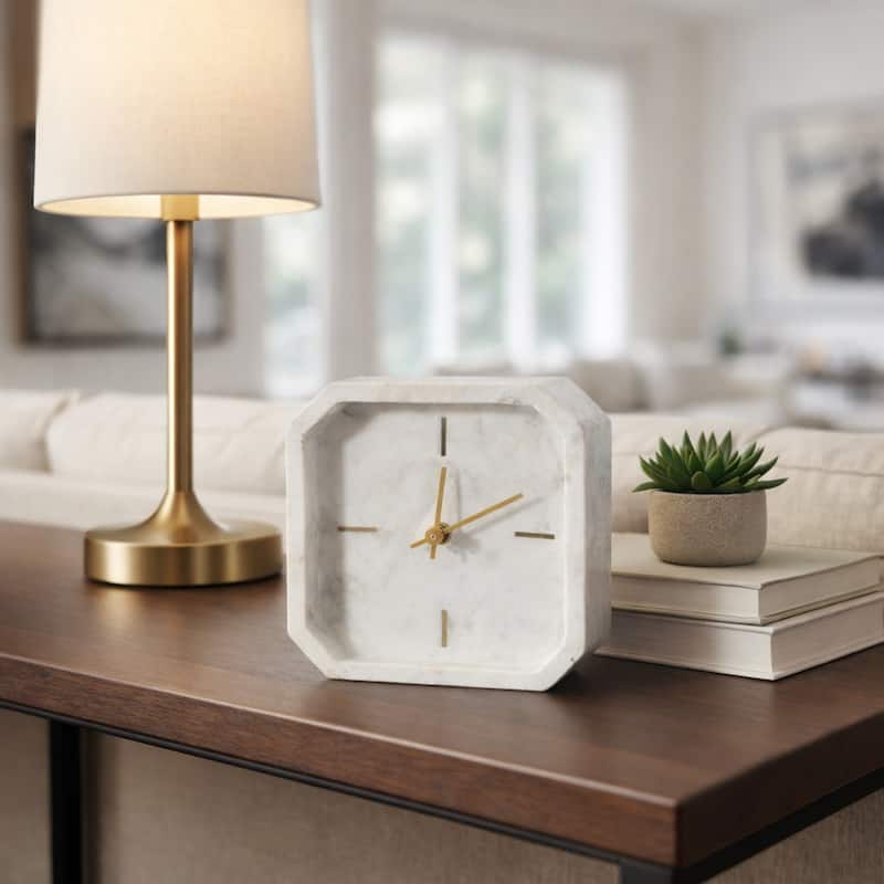 Modern Marble Octagon Decorative Table Clock - 8.0" - Ivory/ Tan