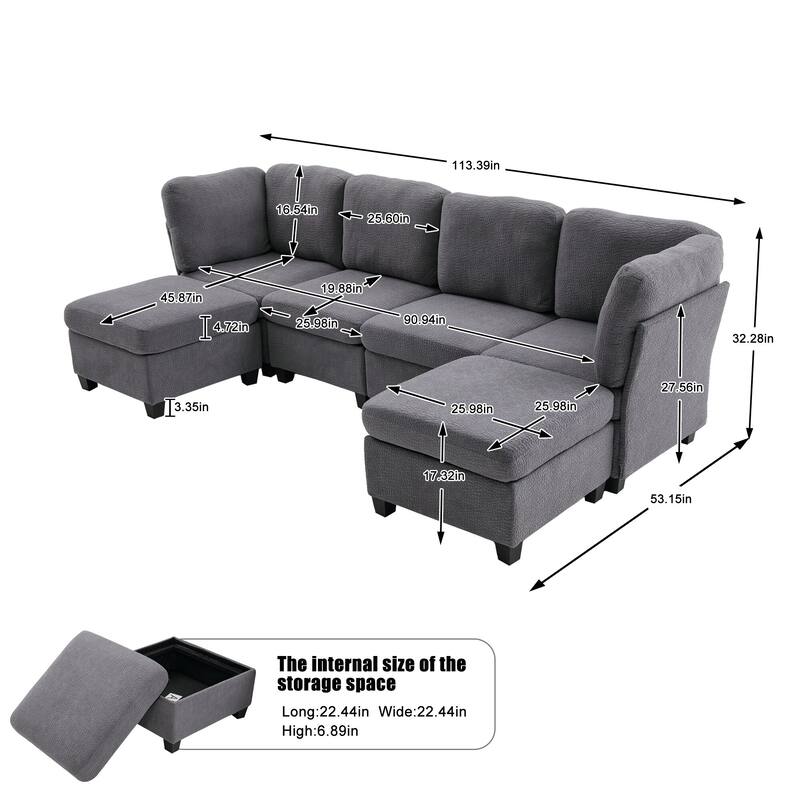 GDFStudio - Modular Polyester 6-Seat 113.39" Sectional with Storage Ottoman