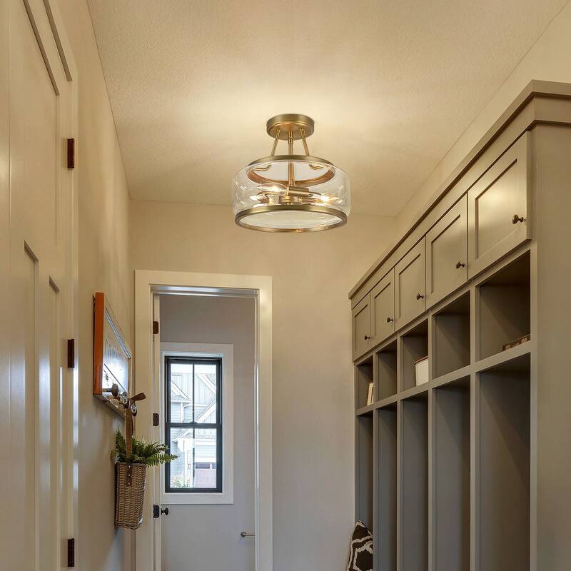 3-Light Industrial-style Black Lantern Glass Semi Flush Mount