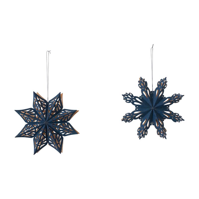 Flocked Paper Snowflake Ornament, Navy and Gold Color, Set of 2
