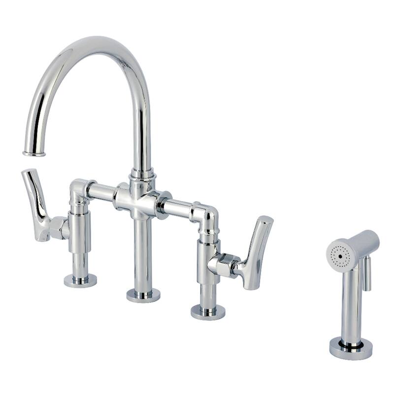 Kingston Brass Hallerbos Two-Handle 4-Hole Deck Mount Bridge Kitchen Faucet with Brass Side Sprayer - Polished Chrome