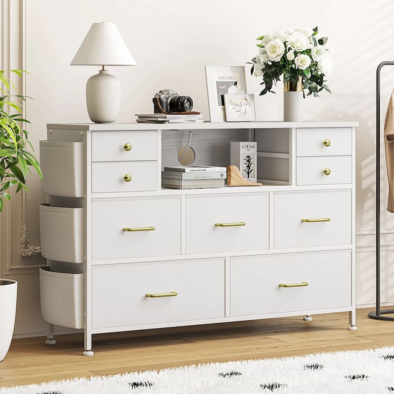 9 Drawer Dresser TV Stand with Power Outlets LED Lights Fabric Chest of Drawers