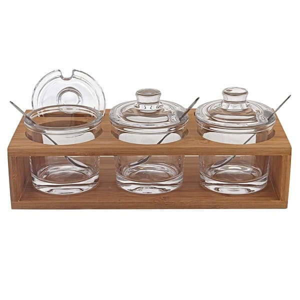 6 Mouth Blown Crystal Jam Set With 3 Glass Jars And Spoons On A Wood Stand 6 Mouth Blown Crystal Jam Set With 3 Glass Jars And Spoons On A Wood Stand