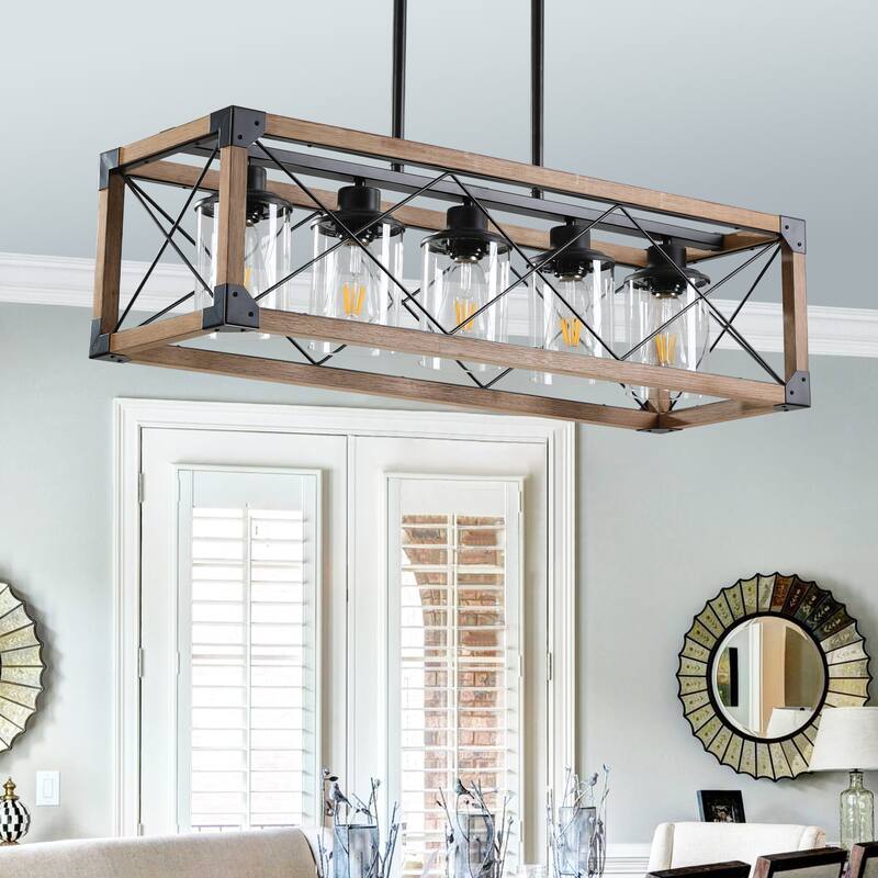 32" Wood Industrial Farmhouse Rectangle Pendant Light, 5-Light Chandelier with Lampshade for Dining Room (No Bulbs)