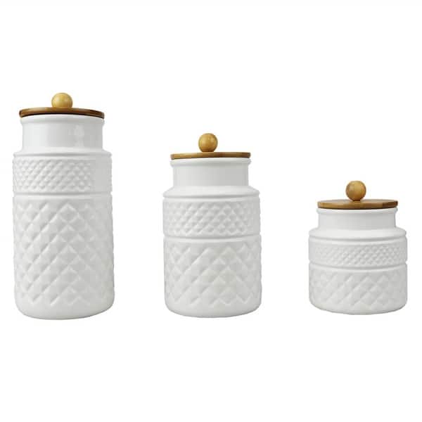 3 Piece Embossed Ceramic Canister With Bamboo Tops White Overstock 32410182