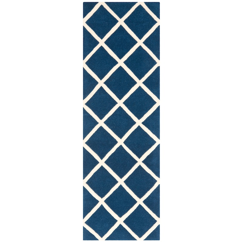 SAFAVIEH, Handmade Chatham Ezzelina Modern Moroccan Wool Rug - 2'3" x 9' Runner - Dark Blue/Ivory