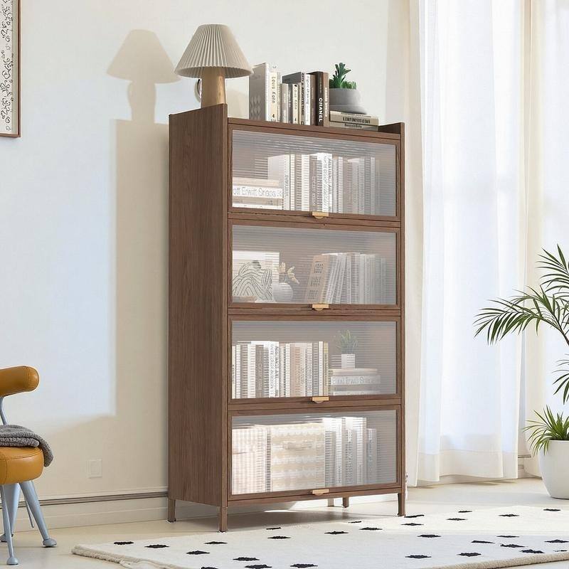 Walnut Finish 4-Door Flip Cabinet, 57" Tall Metal Storage Unit for Home & Office
