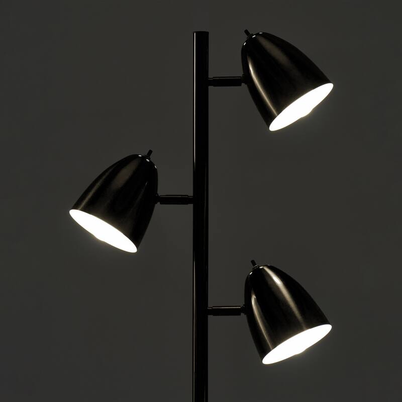 Brightech Jacob 64 in. Classic Black Mid-Century Modern 3-Light Adjustable LED Floor Lamp with 3 Black Metal Cone Shades