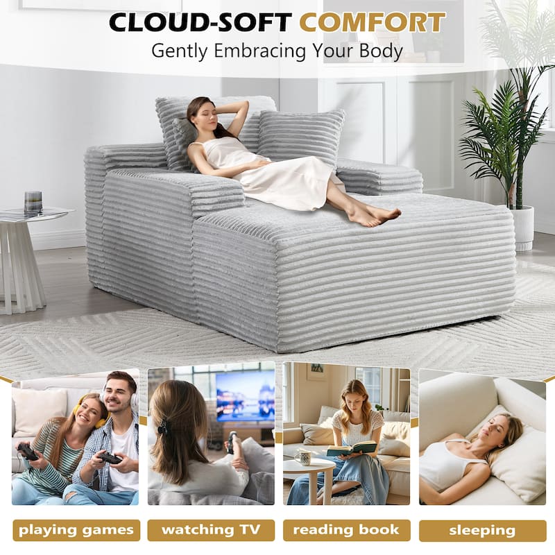 Deep Seat Chaise Lounge Chair, Wide Armrest Sleeper Sofa with Three Soft Pillows, Convertible Boneless Sofa Bed Daybed