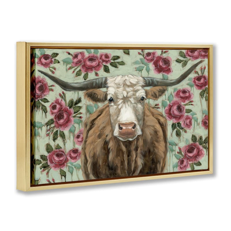 Stupell Longhorn with Magenta Blooms Framed Floater Canvas Wall Art Design By Sara G. Designs