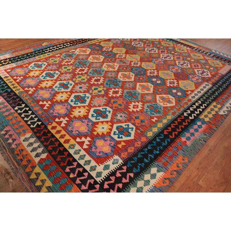 All-Over Geometric Kilim Oriental Area Rug Hand-Woven Wool Carpet - 9'10"x 12'8"