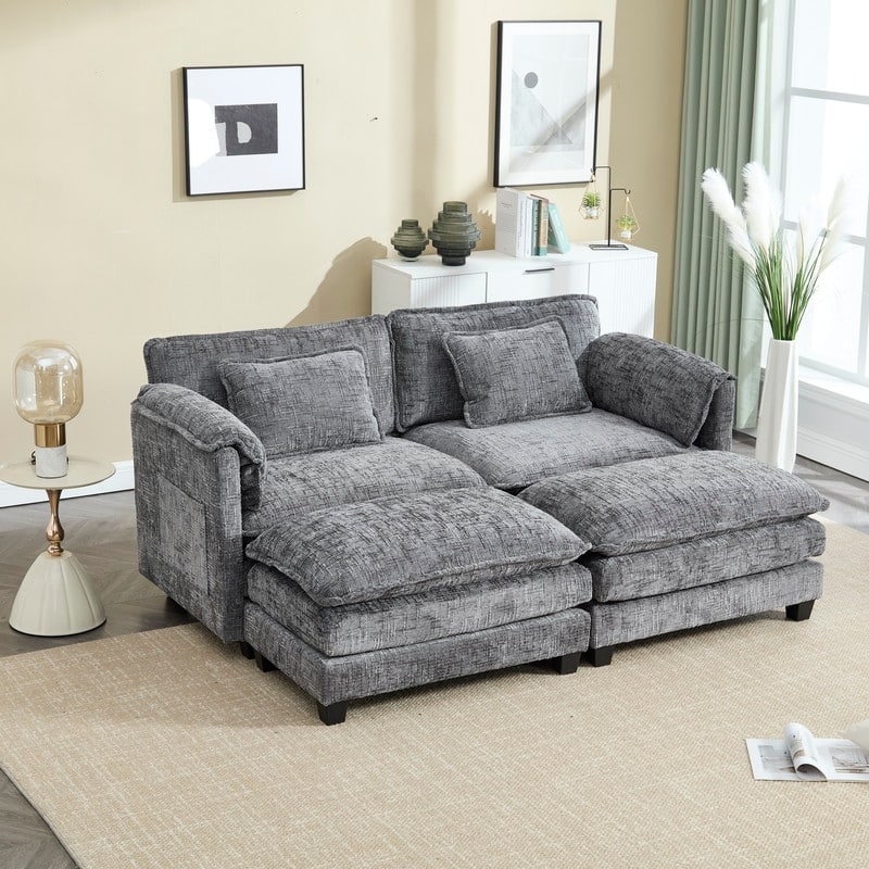 76.77" Chenille Upholstered Sofa with 2 Ottomans