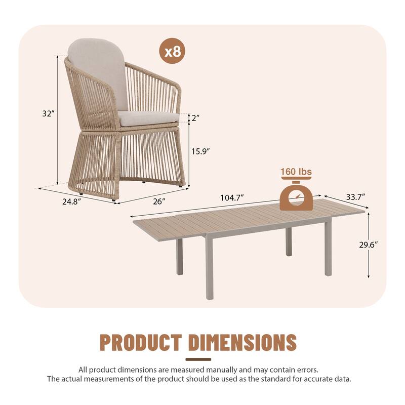 9-Piece Outdoor Extendable Dining Set with Aluminum Table & Rattan Chairs