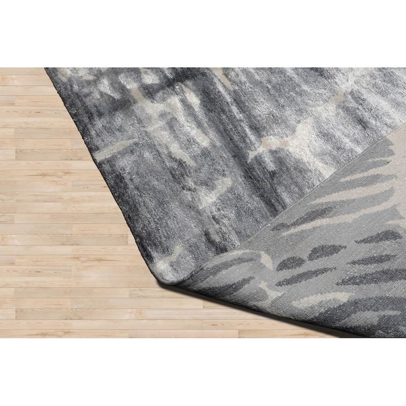 Hand Knotted Designer Tone On Tone, Gray Tibetan Bamboo Silk Area Rug - 9' 2'' x 12' 2''