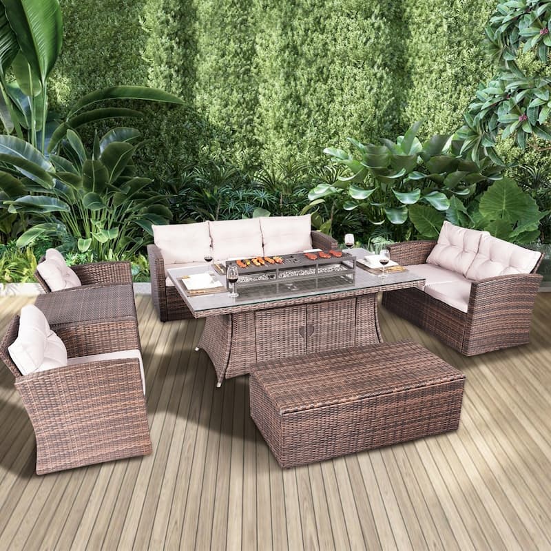 Abrihome 7-piece Patio Outdoor Wicker Sofa Set with Fire Pit Table - Brown
