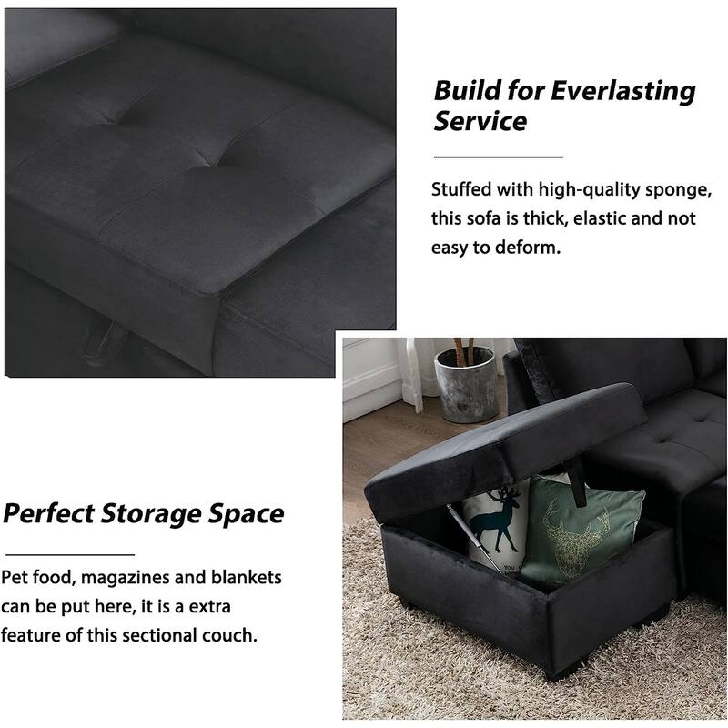 87.4 in. L-Shape Velvet Sleeper Sectional Sofa in. 5-Seat Sofa Bed with 2-USB, Storage Ottoman and Hidden Storage Arm