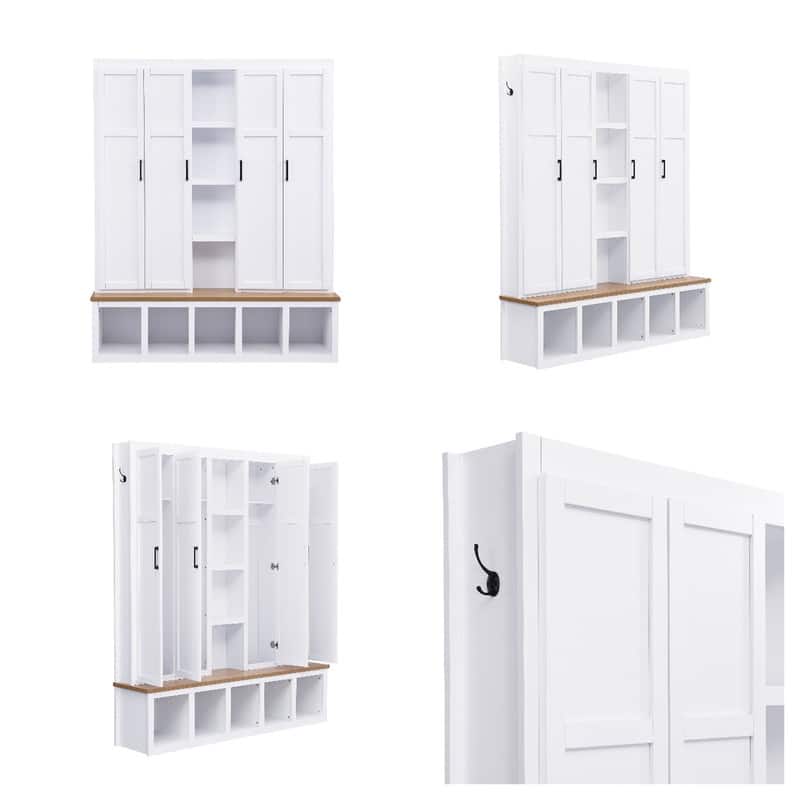 4-in-1 Hall Tree with 6 Hanging Hooks, Entryway Shoe Cabinet with Open Compartments, Wood Bench with Multiple Storage Space