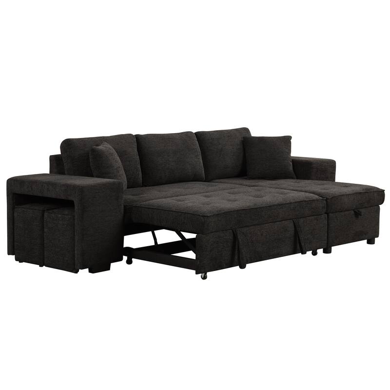 Black 104.5" Charcoal L-Shaped 3-Seat Convertible Sofa with Pull-Out Bed, Storage Chaise, and 2 Stools for Living Room