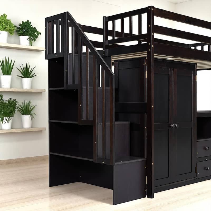 Twin/Full Size Loft Bed with Desk, Wardrobe, Drawers & Stairs, Wood Frame Study Bed with Storage for Kids/Teens