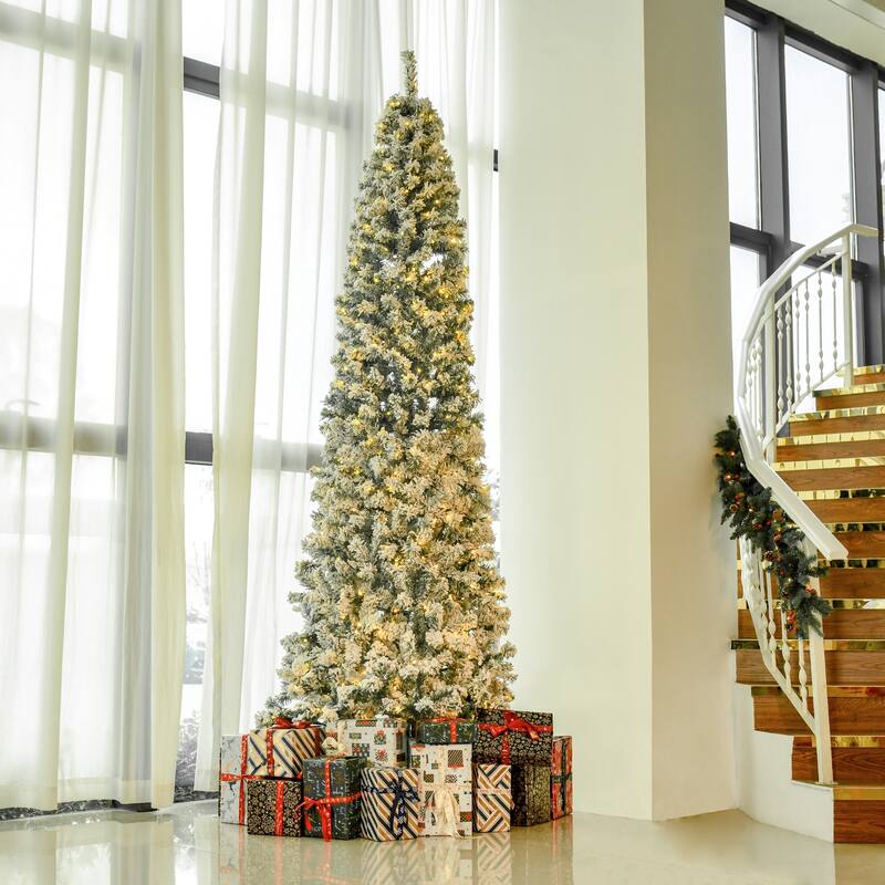 Pre-Lit Snow Flocked Artificial Christmas Tree with Warm LED Lights and Steel Base, Multiple Heights