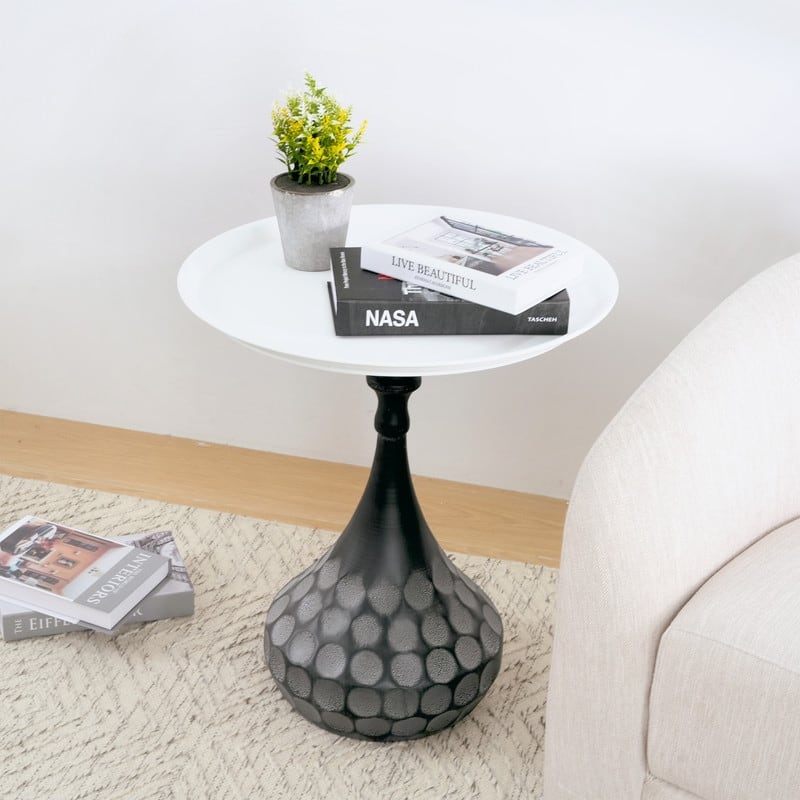 Accent Metal Coffee Table with Hand-Hammered Texture, White and Black Pedestal Table for Living Room
