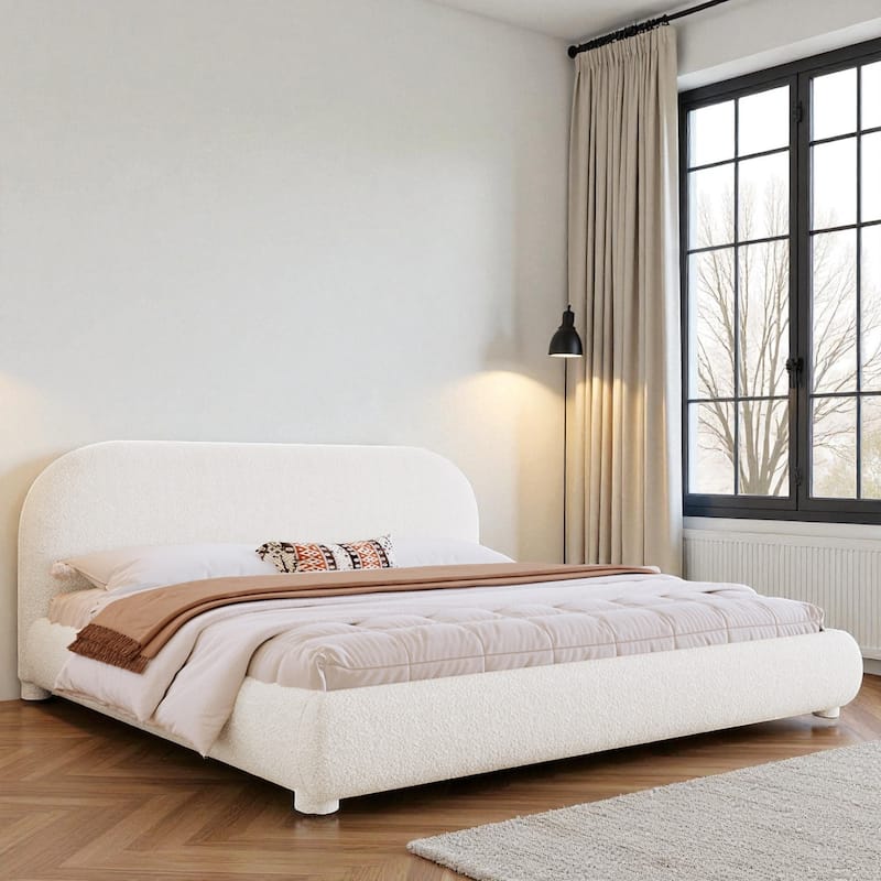 Modern Fabric Upholstered Bed with Curved Headboard, Strong Metal Frame, Queen/King Size Platform Bed