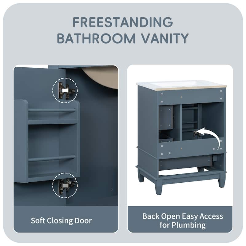 24" Bathroom Vanity with Sink, Freestanding Cabinet with Drawers and Shelves, Ceramic Top, MDF and Solid Wood